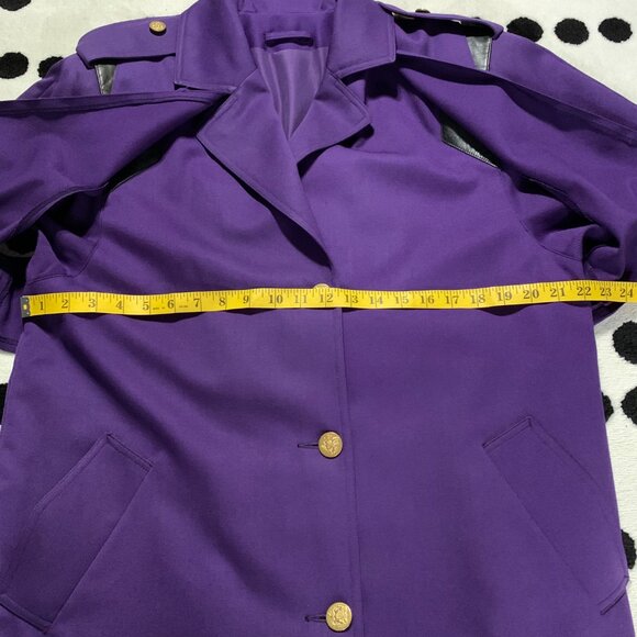 Vintage 80s 90s Purple Wool Gold Button Beltless Long Trench Coat Retro Overcoat - Picture 13 of 16